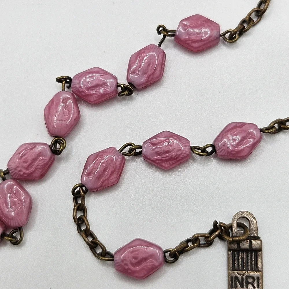 Vintage Czech Pink Glass Rosary Catholic Signed Czechoslovkia on Cross 22